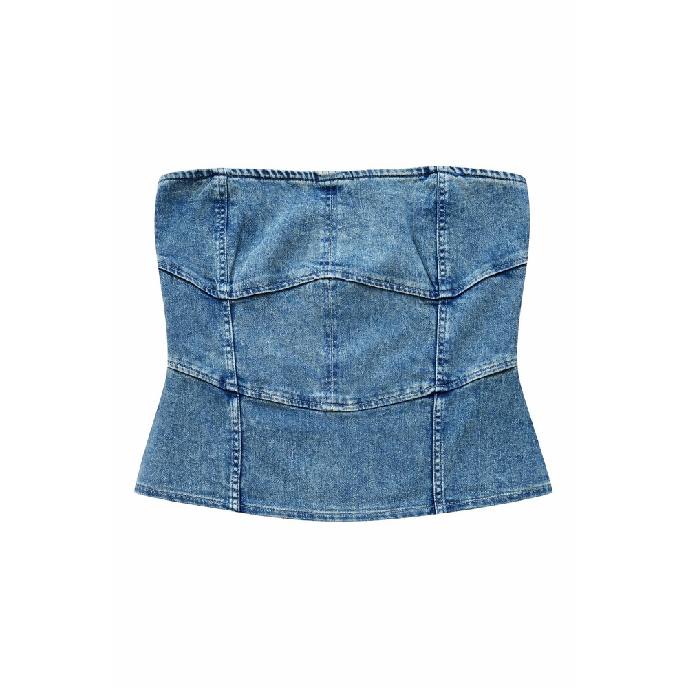 Womens Strapless Denim Maxi Dress XL Distressed Bodycon Corset Seam Back Slit - Picture 4 of 5